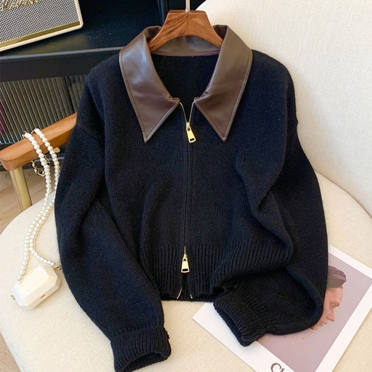 Open Collar Zip Up Knit Cardigan 01011