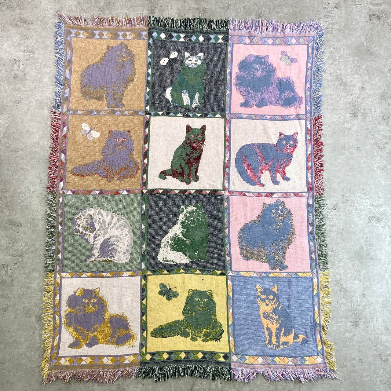 90年代頃 ヴィンテージ 猫柄 ジャガード織 ラグ スローケット 123×156
