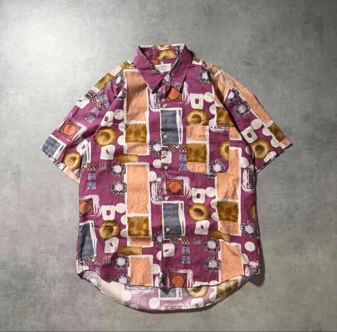 90s 総柄シャツ 幾何学 レトロポップ 半袖 古着 紫