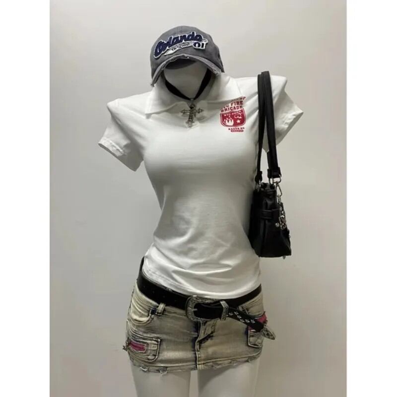 レディース Y2K レタープリント ポロ襟 半袖Tシャツ ホワイト スリム ギャル 原宿 夏