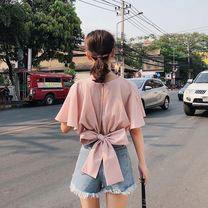 公式通販 花柄 ショート丈 オープン バック リボン 半袖 トップス Www Anavara Com