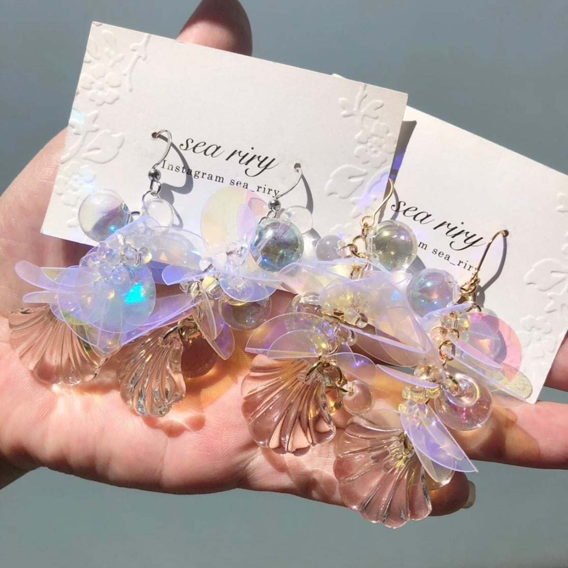 no.867 人魚姫のしゃぼん玉ピアス マーメイド シェル クリア オーロラ