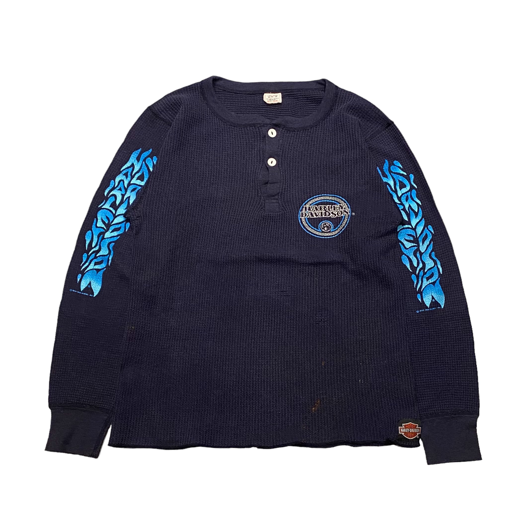 90's USA製 Harley Davidson Henry Neck Thermal Tee L / ハーレーダビッドソン サーマル  ヘンリーネック ワッフル ロンT プリント 袖プリ 古着 ヴィンテージ