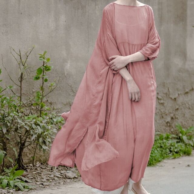 夏秋新作 2色 大きいサイズのレディース ワンピースドレス ワンピース ロング ロングワンピース マキシワンピース スリット ワンピース シアー ワンピース 透け感 薄手 長袖ワンピース 森ガールの服 ゆったりワンピース 体型カバー シルク ピンク ミントグリーン P6940