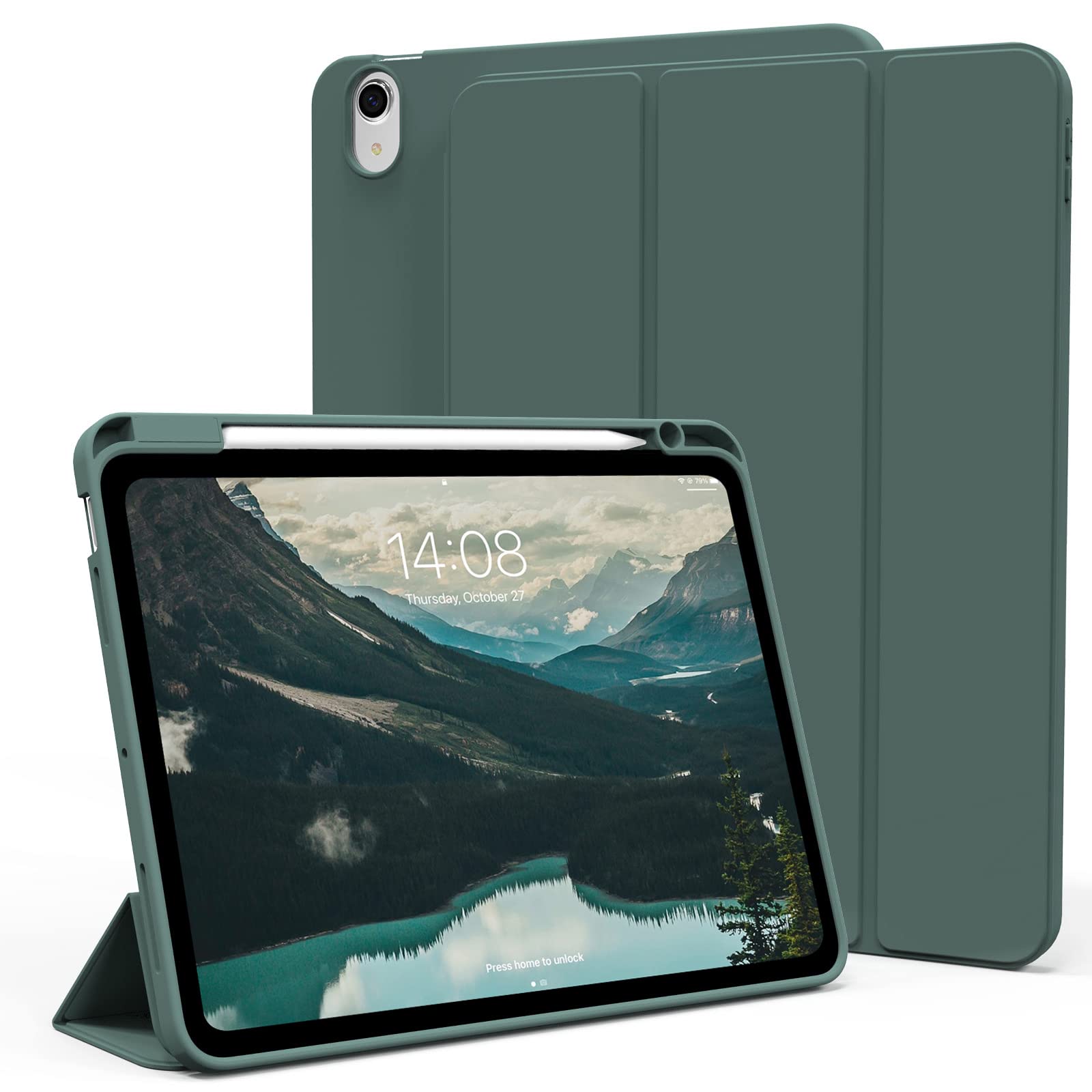 KenKe iPad Air 11インチ ケース (M3/M2、2025/2024) iPad Air 第5/4世代 ケース 2022/2020発売 10.9インチ 軽量 柔らかいシリコン TPU材質 ペン収納 カバー 3段階折り畳み可 スタンド マグネット付き 自動スリープ機能 Apple Pencil 収納可能 ダークグリーン