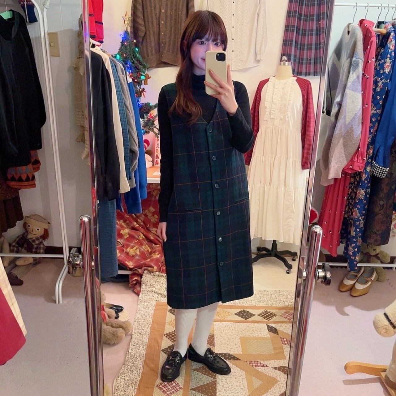 green chek front button jumper skirt