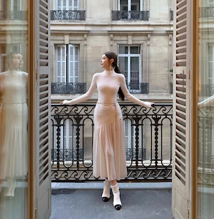 アシメリブニットロングワンピース