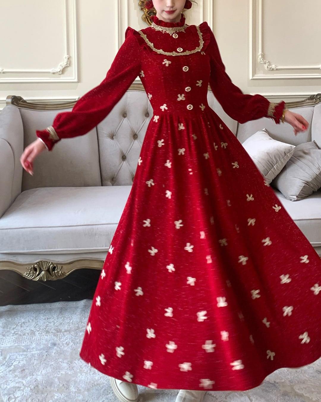 ロマンチックレッドリボンパターンワンピース 25W08349