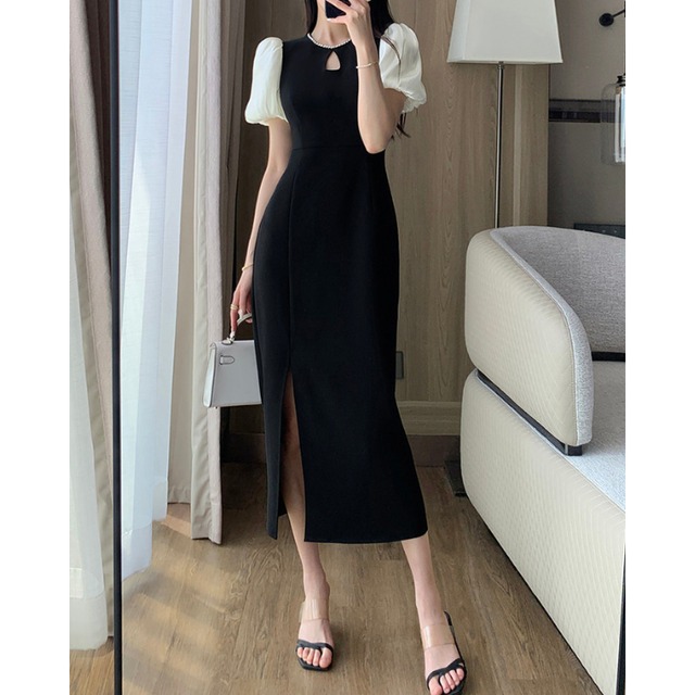 French Puff Sleeve Black Midi Dress Front Slit 30113