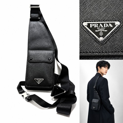 PRADA プラダ　サフィアーノレザー クロスボディバッグ　スリングバッグ　ブラック　トライアングルプレート　メンズ　男女　NERO　バッグ