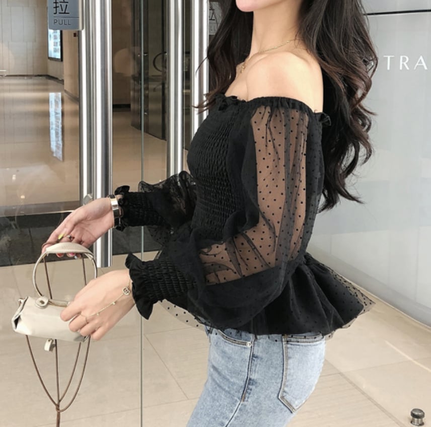 ブラックペプラムギャザードットシースルートップス Honeyant