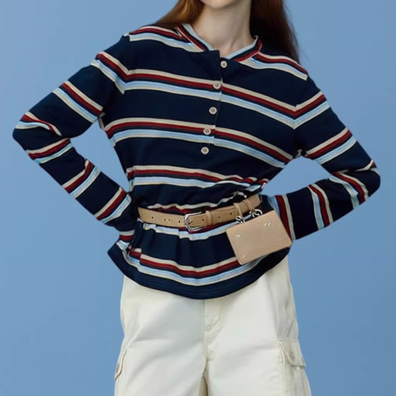 ボーダーヘンリーネックロングシャツ   F0025 - 9