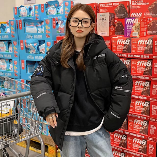 ダウン レディース アウター フード付き バイカラー ロゴ 配色 おしゃれ かっこいい 暖かい 冬 レジャー ストリート カジュアル お出かけ お揃い ミドル丈 ブラック/ホワイト/グリーン/ピンク S/M/L/XL