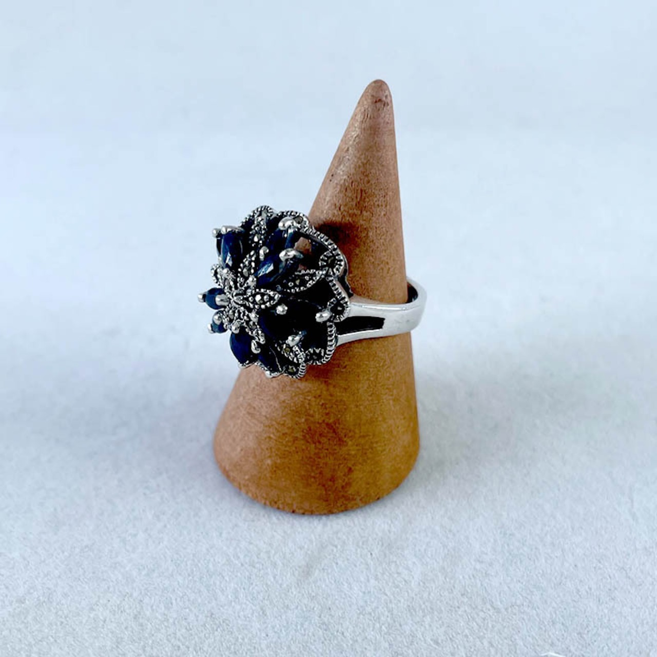 リング　シルバーリング925　濃紺ストーンとマーカサイト　18-19号　 19acd24-4