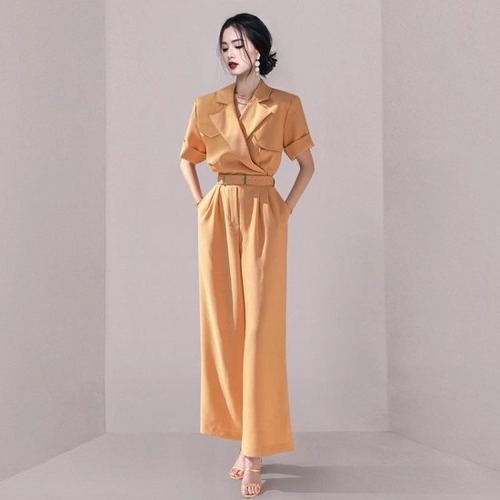 オールインワン レディース パンツドレス ジャンプスーツ ワイドパンツ テーラードカラー Vネック ハイウエスト ベルト付き サファリ 二次会 披露宴 パーティー オフィス エレガント パンツスーツ