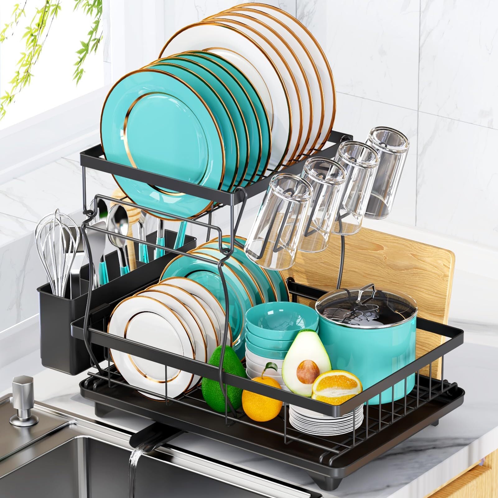 食器水切りラックブラック 2段 大容量 モダン 新築祝い