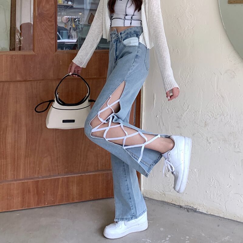 ジーンズ ルーズサマーハイウェストウェスト薄手パンツ 夏物 試着室82070818095