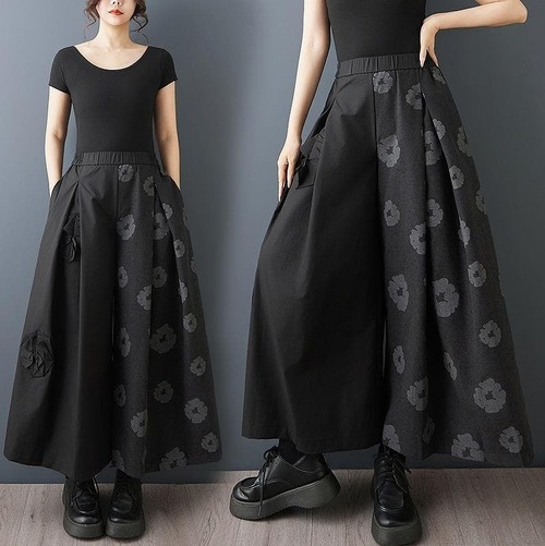 新品 春夏 レトロ 個性派 アシンメトリー ワイドパンツ 黒 ゆったり