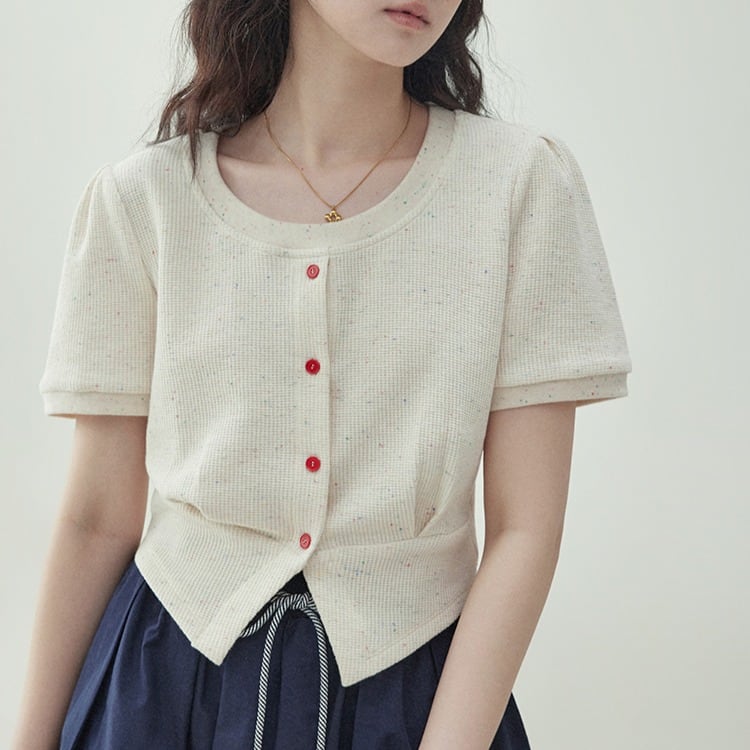 フロントボタン ラウンドネック クロップド 半袖カットソー 00300