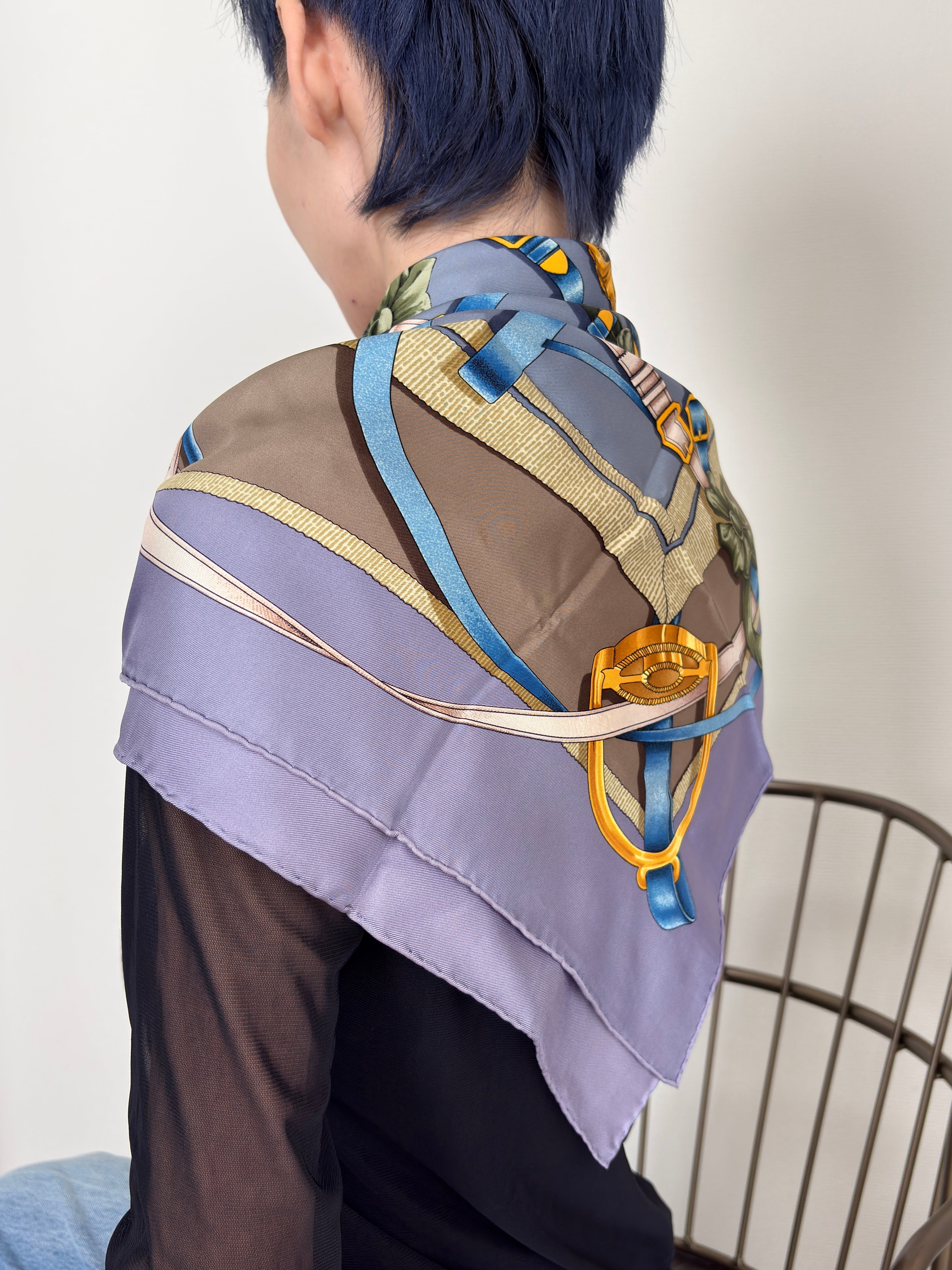 HERMES エルメス スカーフ パープル ベルトフラワーモチーフ シルク