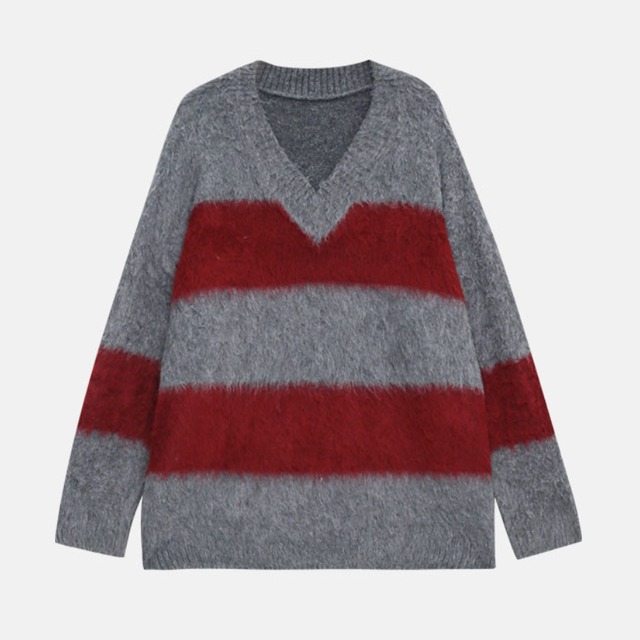v-neck striped knit pullover　J00360