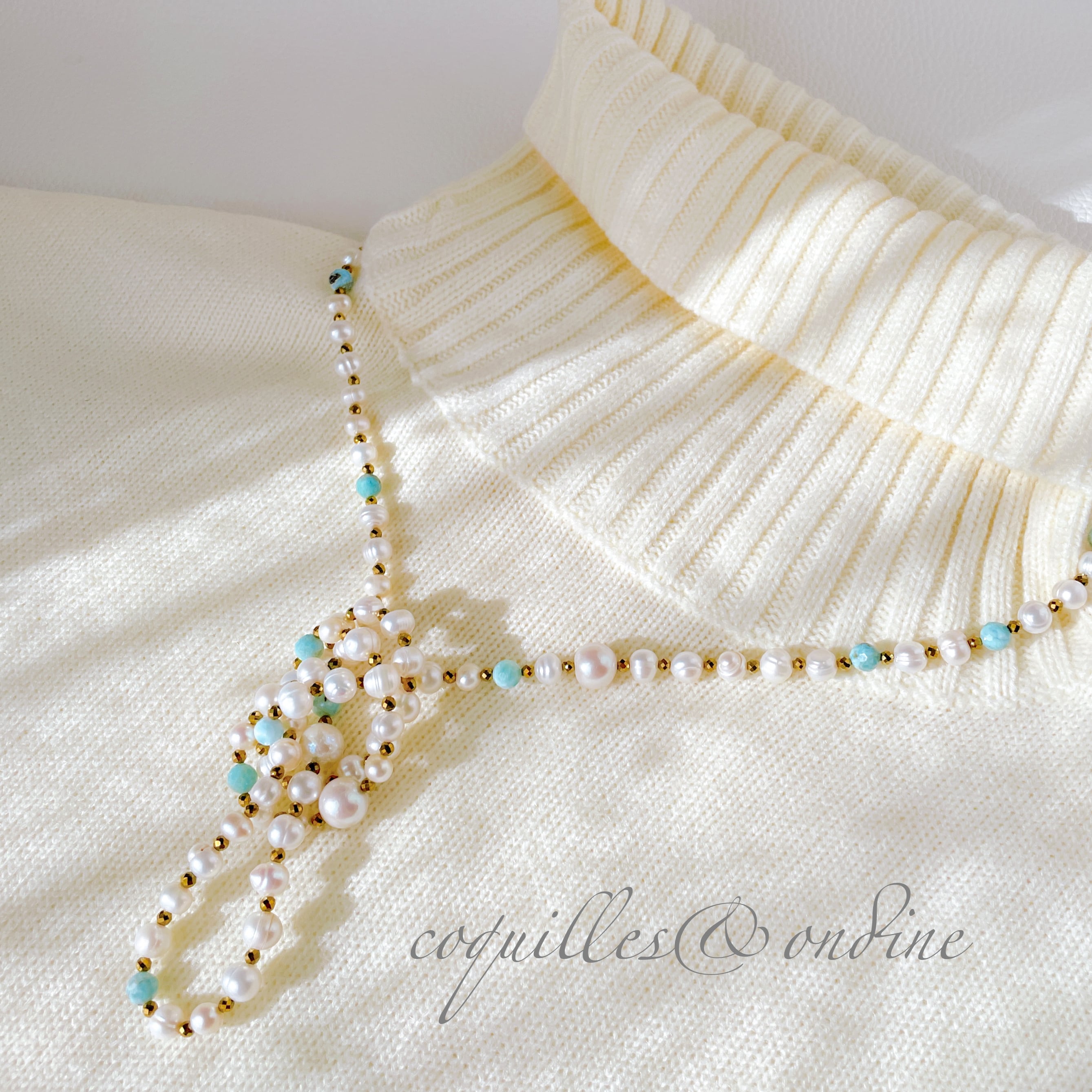 淡水パールとラリマーの地中海ロングネックレス(サージカルステンレス