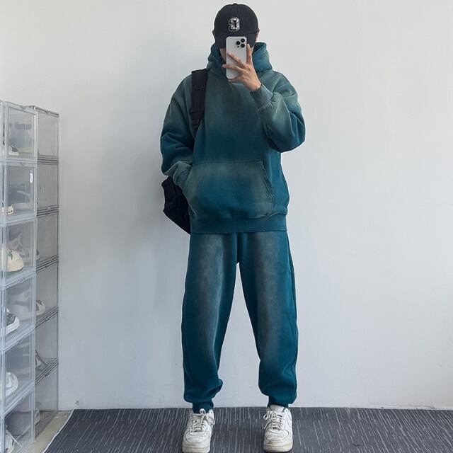 【予約販売】メンズ セットアップ 上下 長袖 グラデーション 裏起毛 グレー ブルーグリーン スエット パーカー フード ルーズ 男前 スエット 韓国 パンツ セット ジム カジュアル 部屋着 リラックス ルームウエア 韓国 トレンド 大きいサイズ S/M/L/XL/2XL