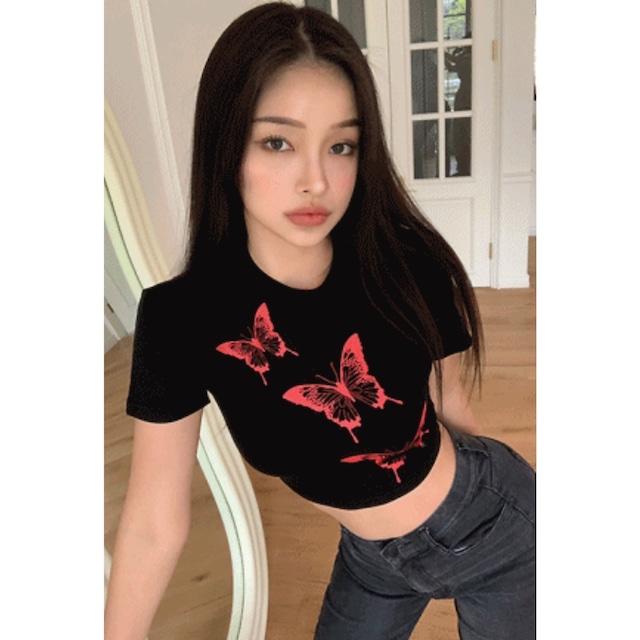 [LOOKATMIN] Butterfly Crop T-shirt (2color) 正規品 韓国ブランド 韓国代行 韓国通販 韓国ファッション Tシャツ