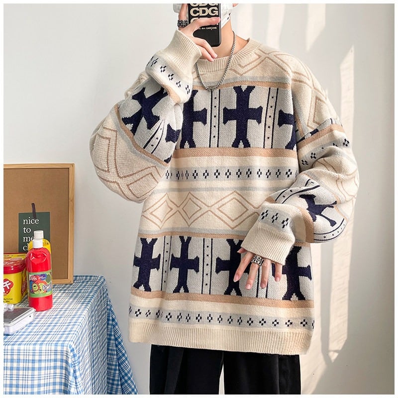 ノルディック風幾何学柄オーバーサイズニットセーター 2color MTO0420