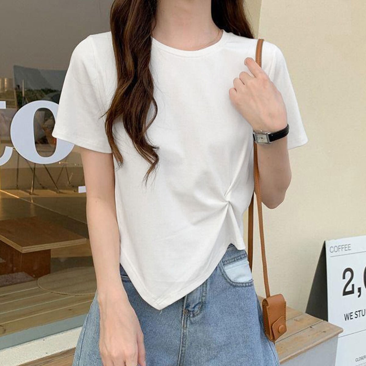 アシンメトリー 半袖 Tシャツ レディース 春夏 韓国 トップス きれいめ 大人 シンプル カジュアル ウエストタック カットソー 不規則ヘム ラウンドネック ショート丈 大人可愛い 大人女子