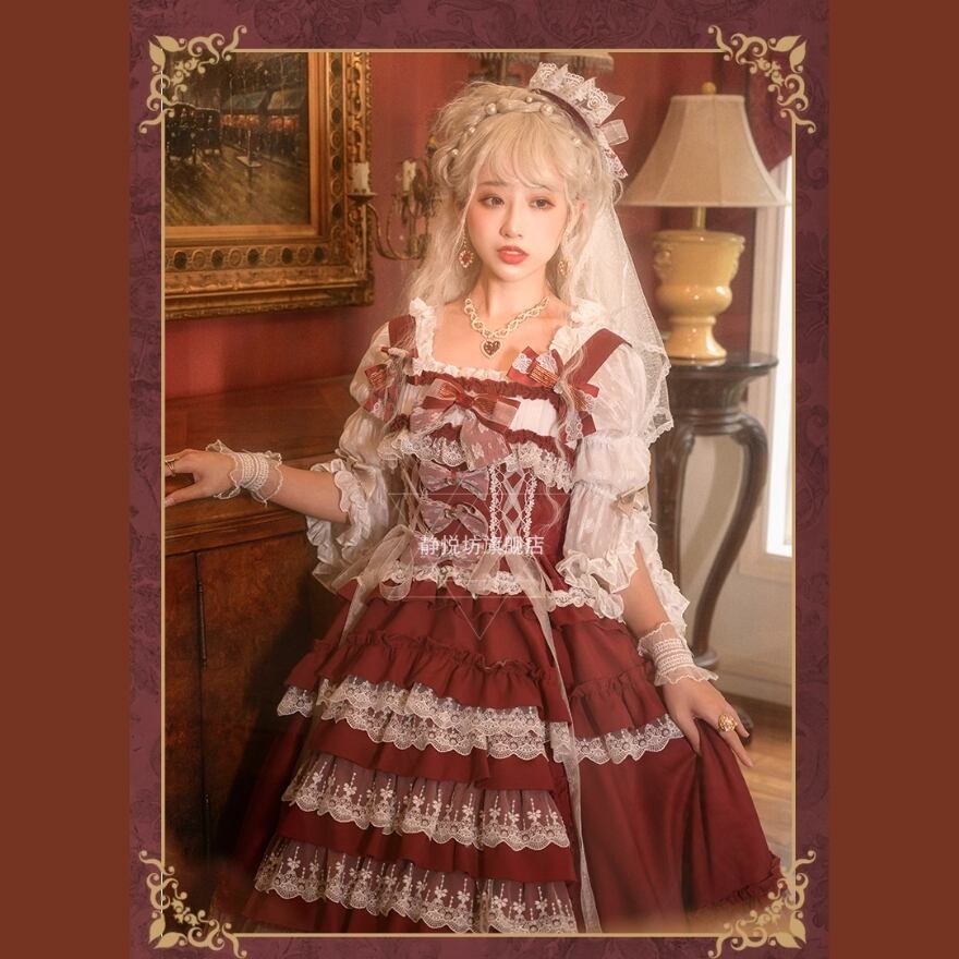 夢かわいい サスペンダーワンピース ケーキスカート レース お茶会