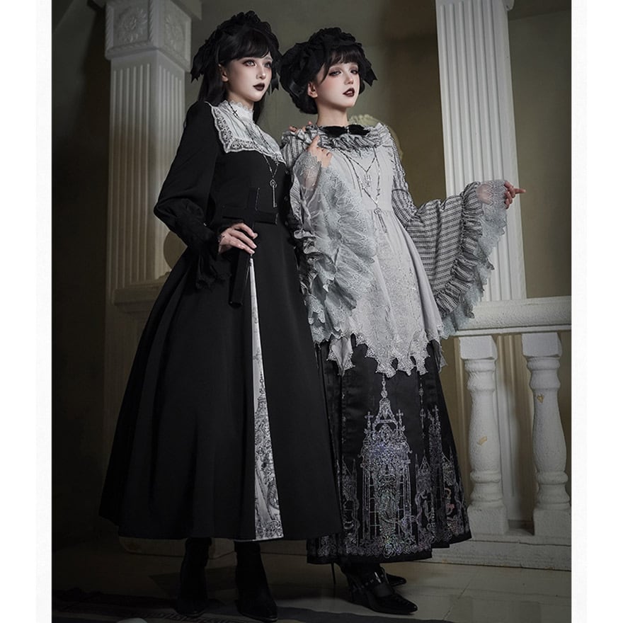 ゴスロリ ワンピース 黒 白 付け襟 ロングドレス 鍵チャーム 4点