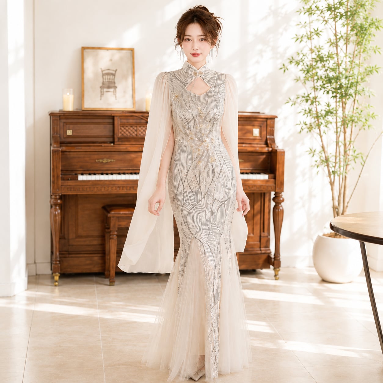 Sequin Decorated China Collar Mermaid Long Dress(2color) V3607