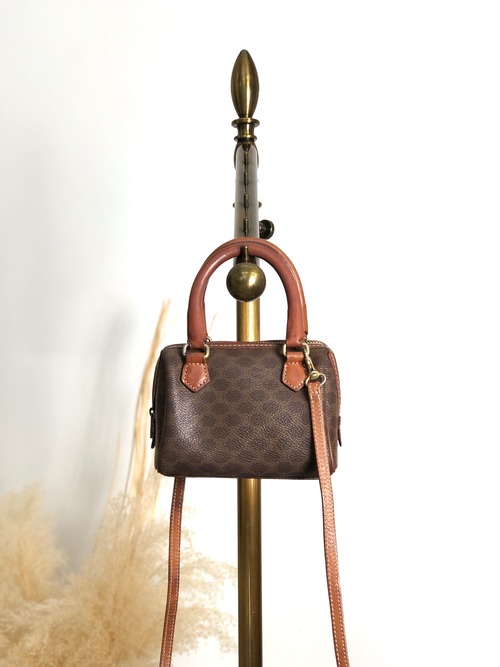 CELINE セリーヌ マカダム ショルダーバッグ ブラウン PVC レザー マイクロボストン 2way vintage ヴィンテージ オールド bnscrs