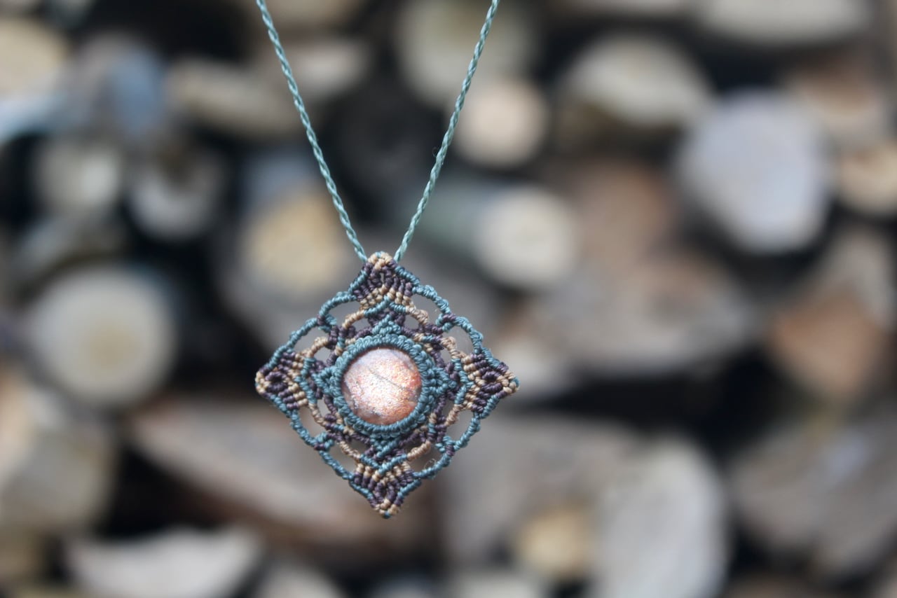 Sunstone micro macrame mandala pendant