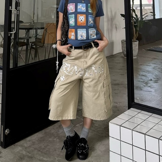 ロゴデザインクロップドバギーカーゴパンツ 2col R02460