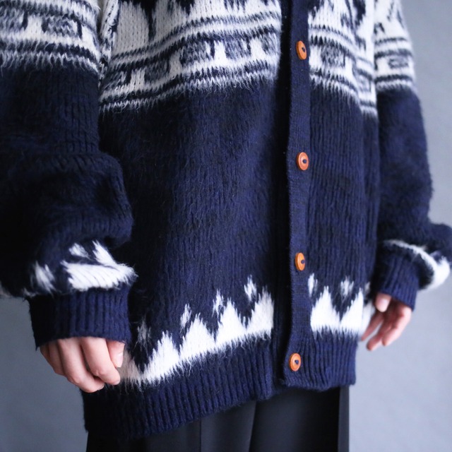 "モケモケ" mohair motif knit mural full pattern over silhouette 5b cardigan