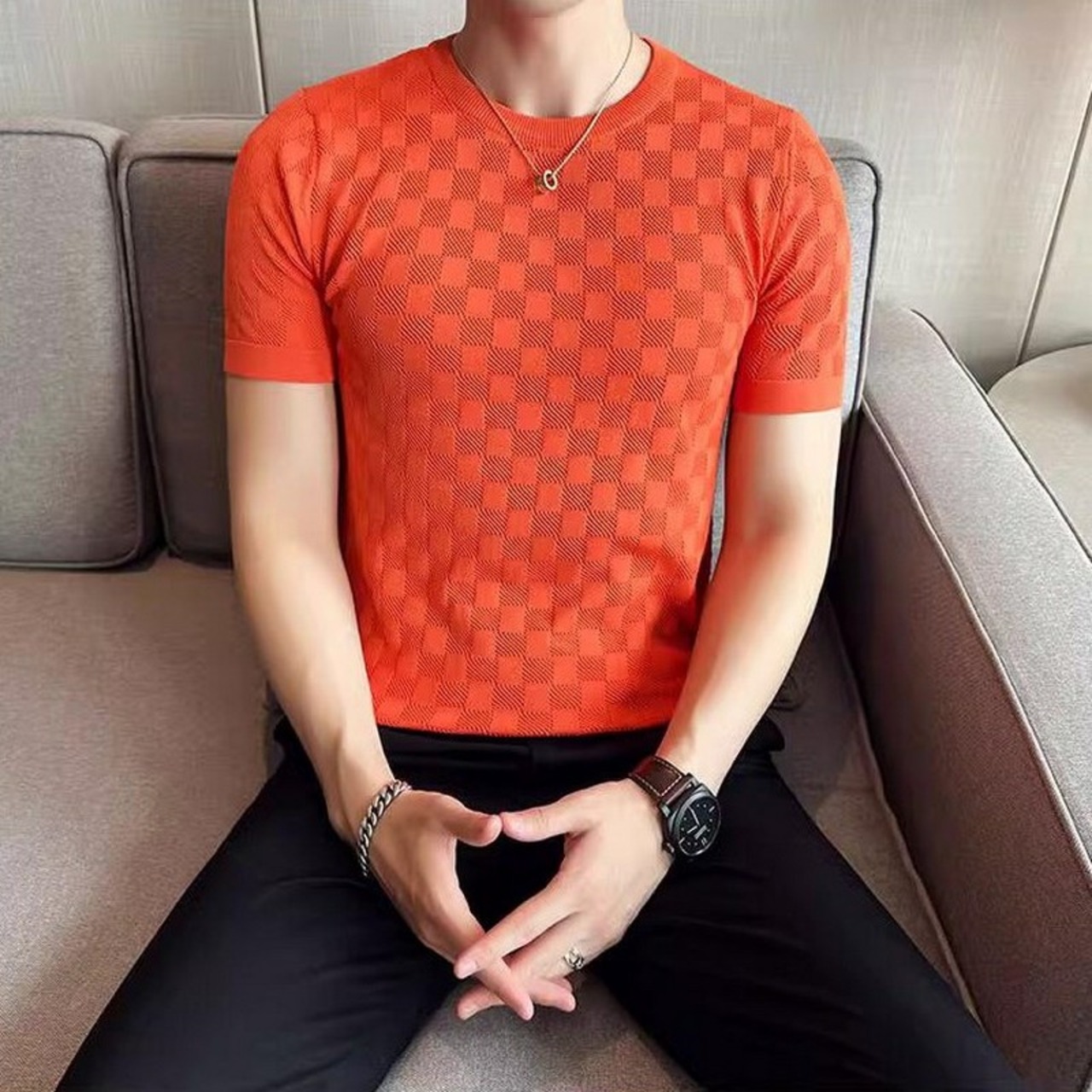 ice silk plaid T-shirt 00132