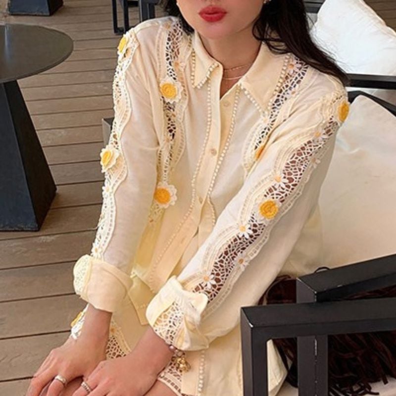 【SET UP可】Crochet detail floral shirt 00430