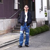 LEH（レー） Bonber Jacket、KUON(クオン）Sashiko Mended Denim Trousersコーディネート