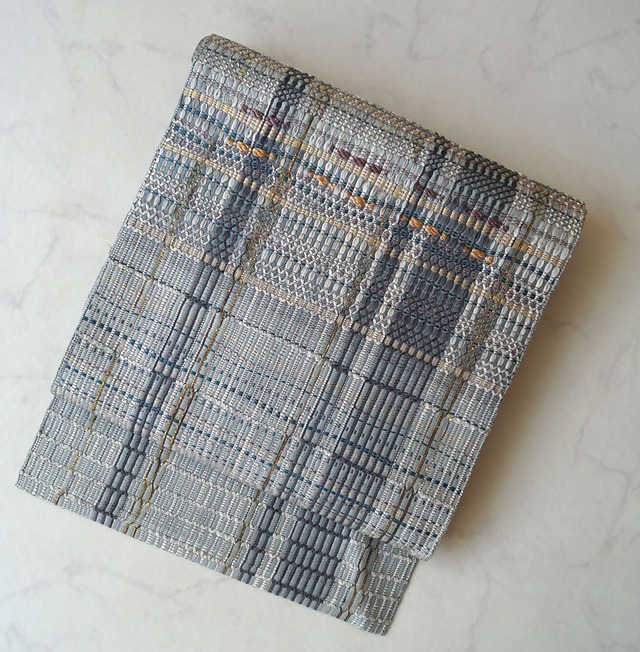 【なごや帯】ブルーグレー系　変わり格子文　八寸かがりなごや帯