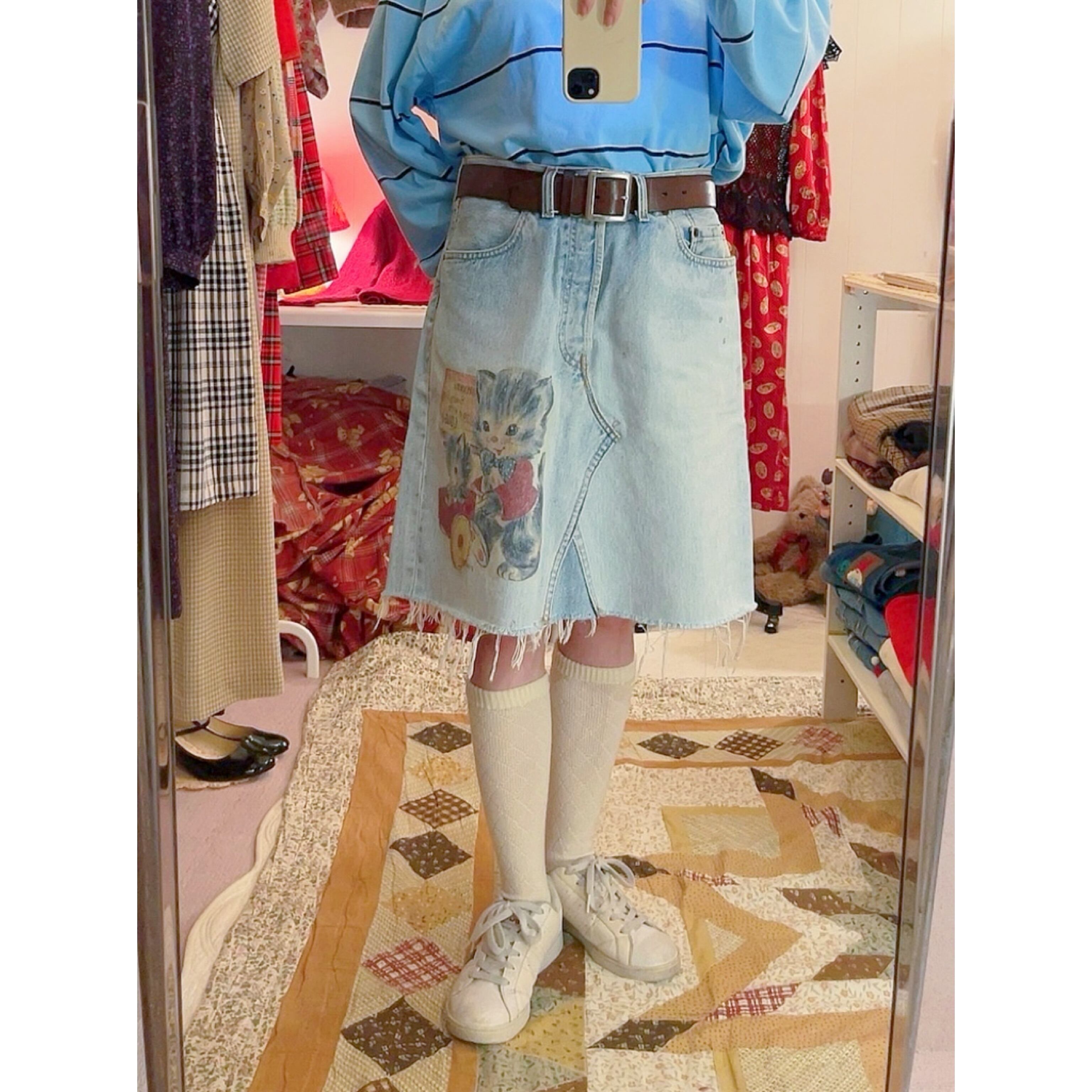 cat printed denim skirt