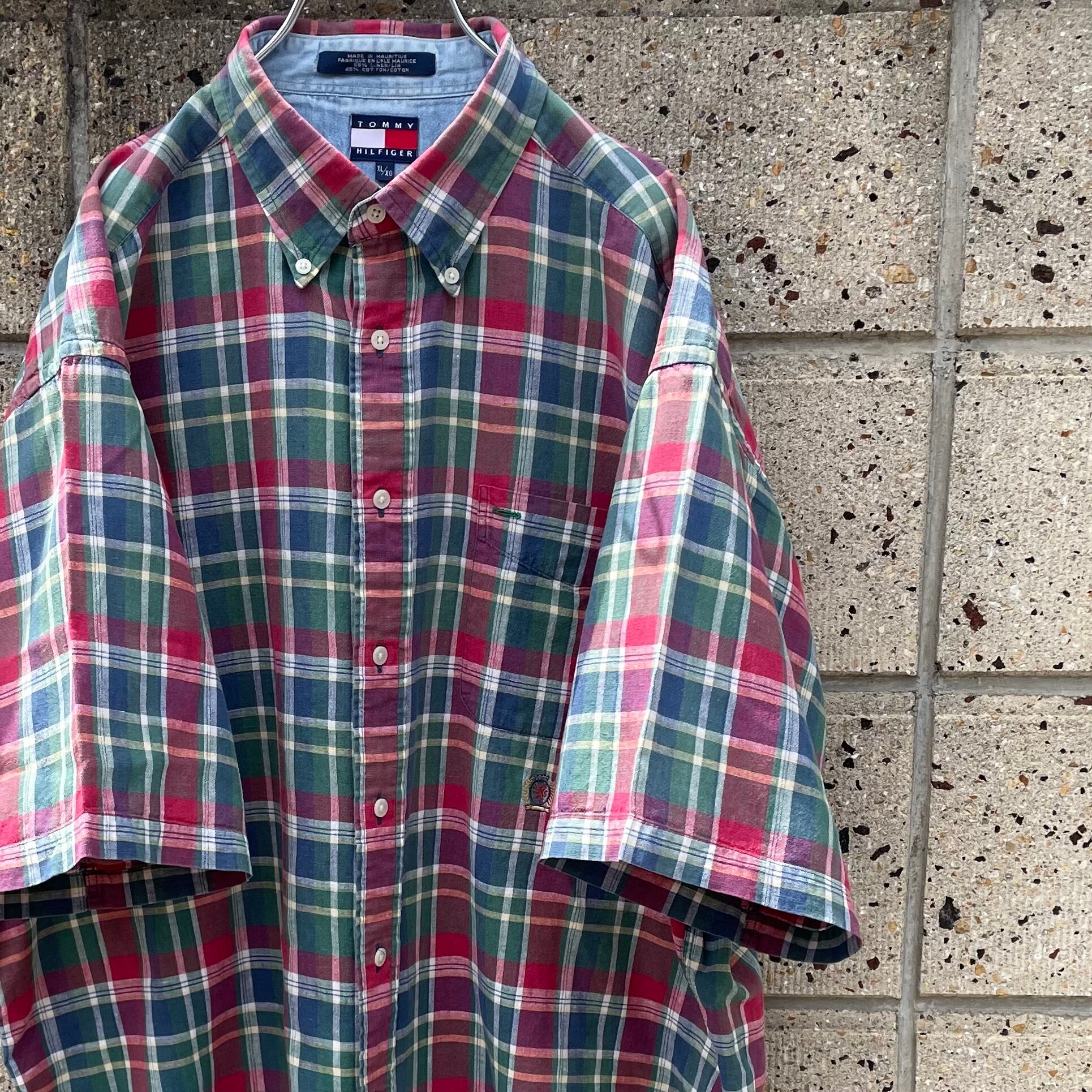 【XLサイズ】90's TOMMY HILFIGER リネン混合生地 半袖シャツ