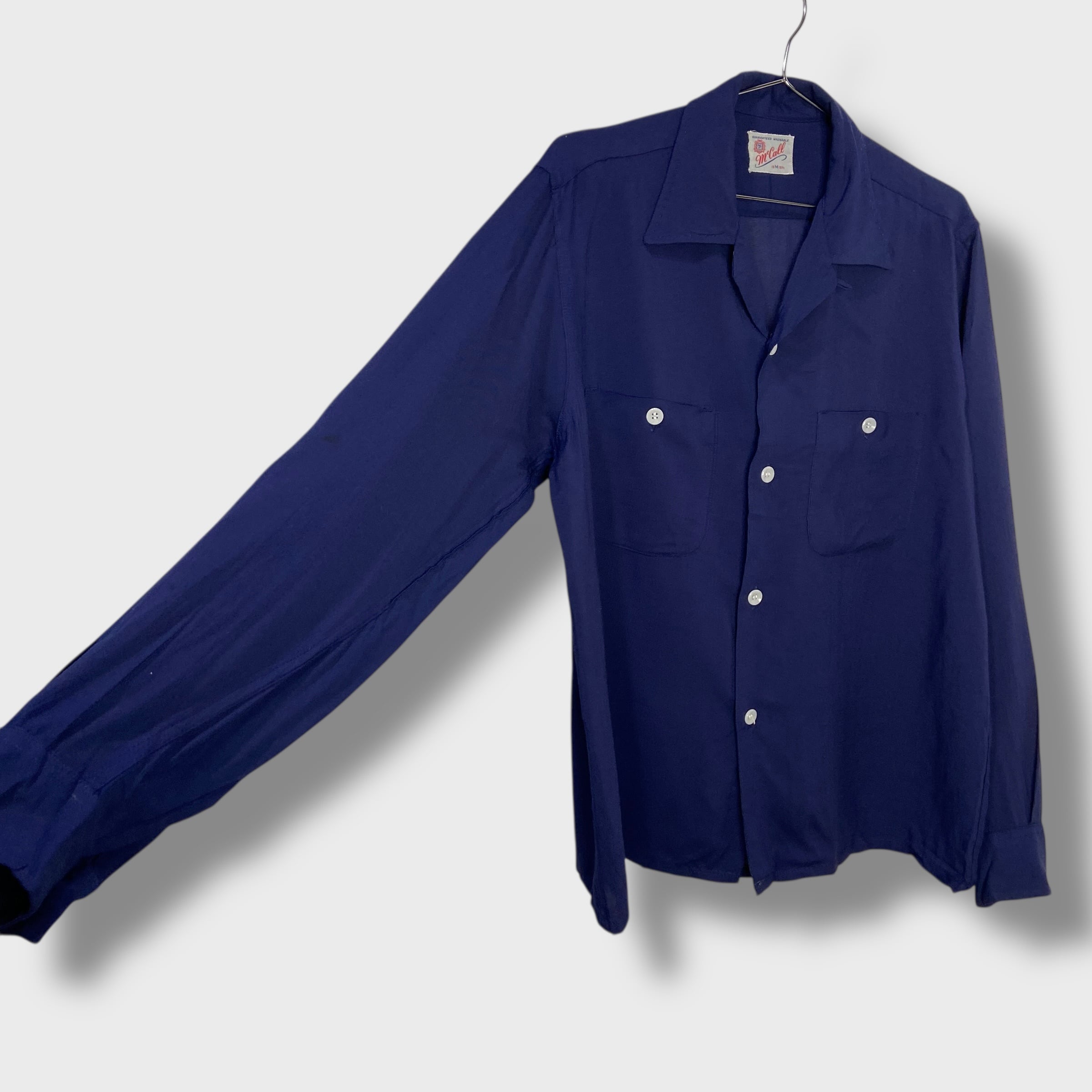 50s Mccall レーヨンシャツ M 長袖 開襟 ネイビー オープンカラー