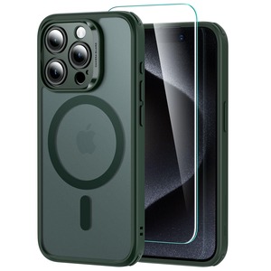 【在庫処分】【4 in 1セット！保護フィルム付き】ESR iPhone 15 Pro Max ケース Magsafe対応 半透明 マットケース 画面 保護フィルム付き 米軍MIL規格 耐衝撃 傷防止 いphone15pro max ケース ストラップホール付き Classicシリーズ（クリア_フロストグリーン）