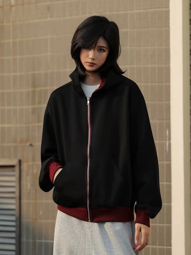 バーガンディリブジップフーディー / BURGUNDY RIB ZIP HOODIE