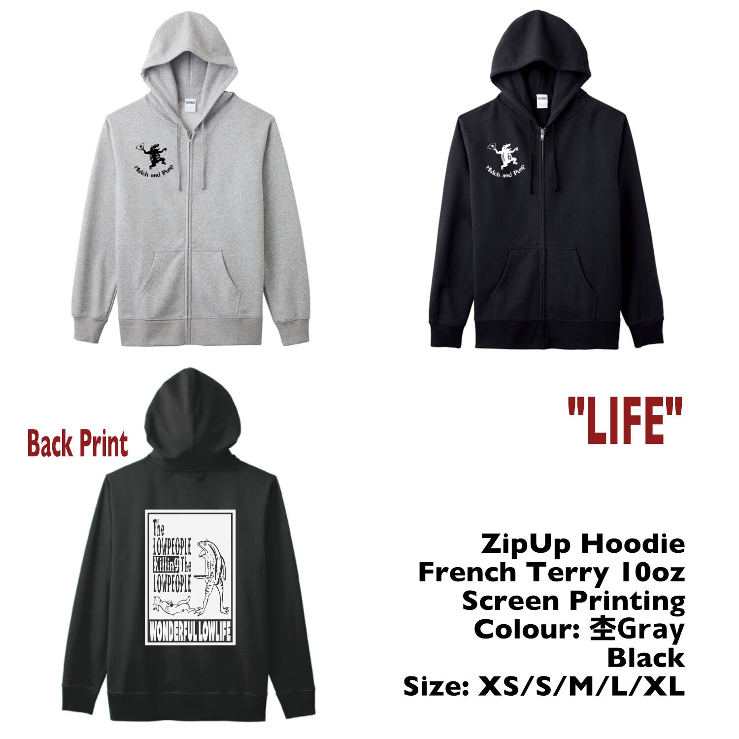 "LIFE" #21 ZipUp Hoodie 杢Gray / Black