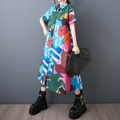 抽象柄イラスト ロングシャツワンピース 30213