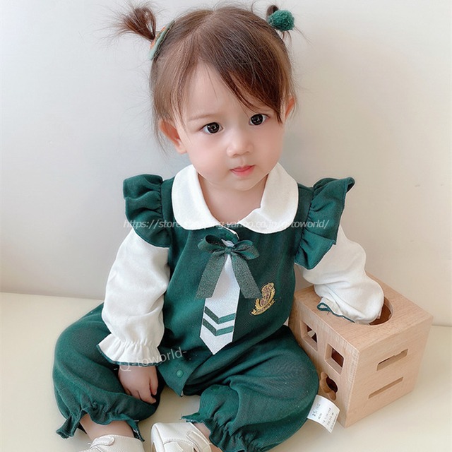 【60㎝-90㎝】カバーオール　ネクタイ　フォーマル　長袖　フリル　女の子　ベビー服　韓国風　可愛い　女の子　ベビー　子供服