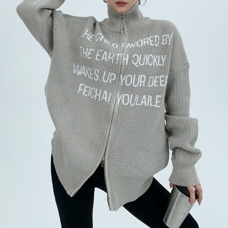 ジップアップ 長袖 ヒップ ニットカーディガン ◆2col L00049